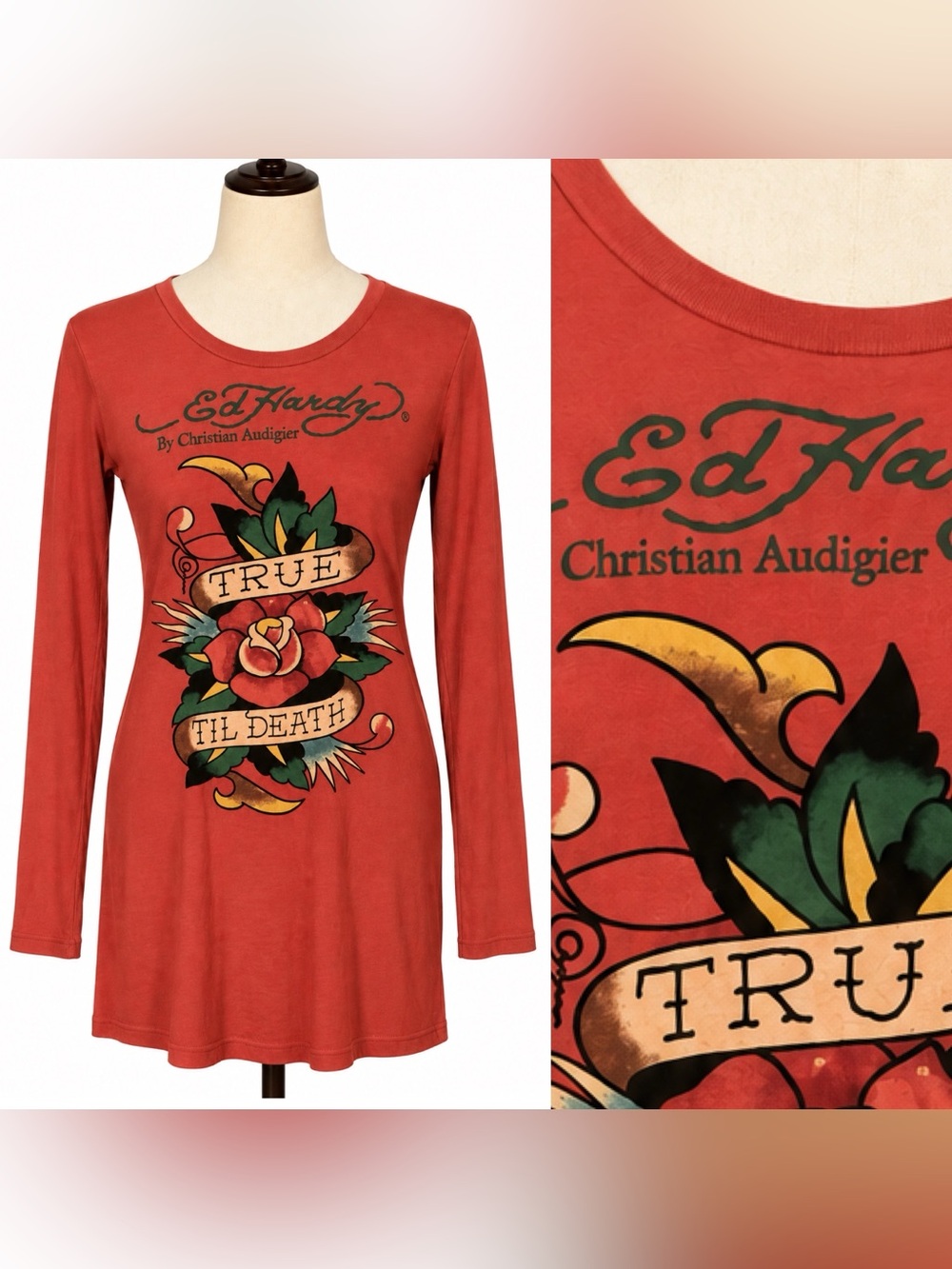 Vintage Ed Hardy x Christian Audigier jersey tatttoo heart long sleeve dress-L